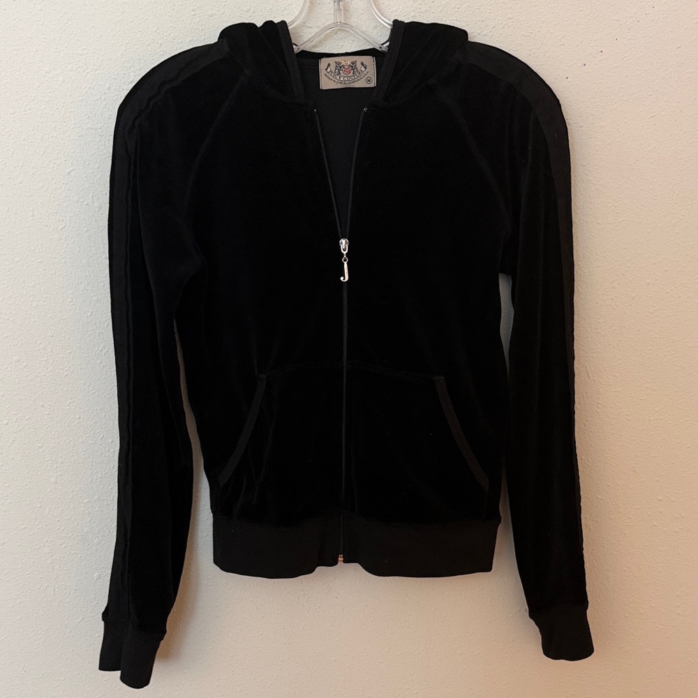 Juicy Couture Vintage Black Velour Zip-Up Hoodie Jacket Striped Trim SizeM